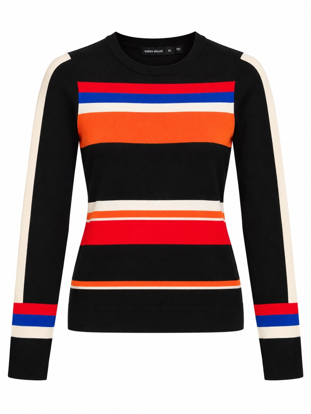 Karen Millen Black Crewneck Sweater with Red, Orange, Blue & Cream Stripes